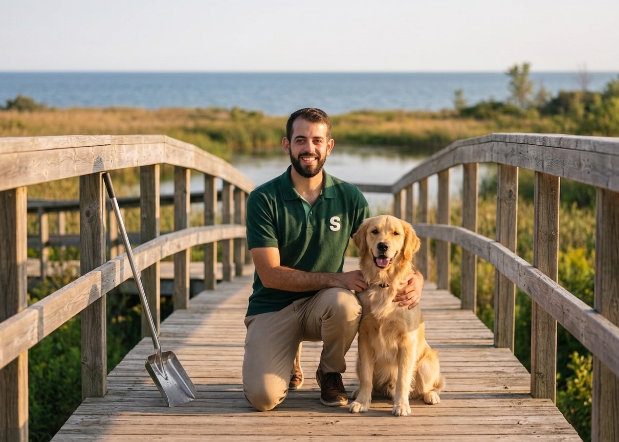 Ernie from Scoopwell with dog along the Ajax Waterfront Trail